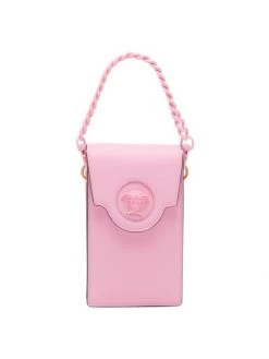 Versace La Medusa Leather Phone Case-On-Strap Baby Pink Versace Gold