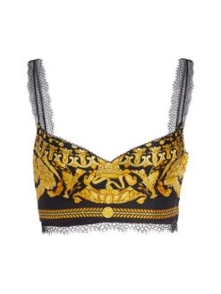 Versace Cropped Printed Silk & Lace-Trim Top