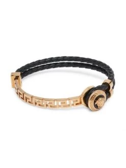 Versace Braided Leather & Brass Bracelet For Men