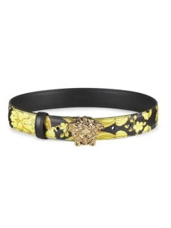 Versace Medusa Buckle Barocco-Printed Leather Belt