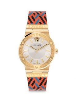 Versace Greca Logo Monogram IP Yellow Gold Leather Strap Watch For Men