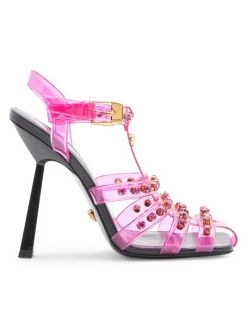 Versace Embellished Caged Jelly Slanted-Heel Sandals Transparent