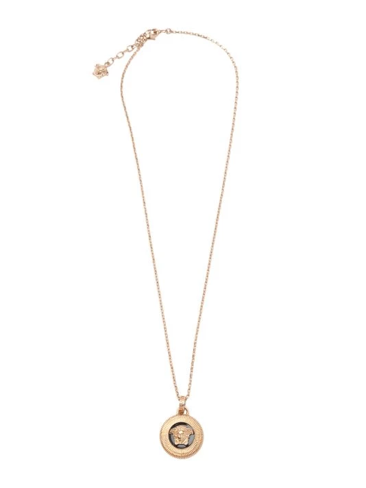 Versace Goldtone Metal Logo Pendant Necklace For Men 1 Versace Goldtone Metal Logo Pendant Necklace For Men