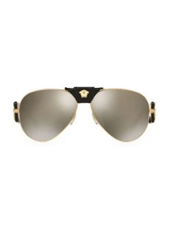Versace 62MM Mirrored Leather-Wrapped Pilot Sunglasses