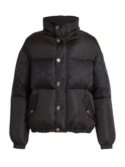 Versace Silver Baroque, Silver & Bluette Greca Down Coat For Men