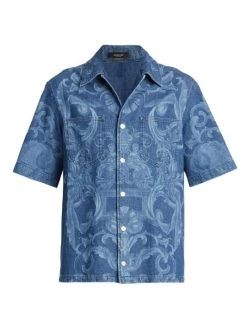Versace Silver Baroque And Black Denim Shirt For Men