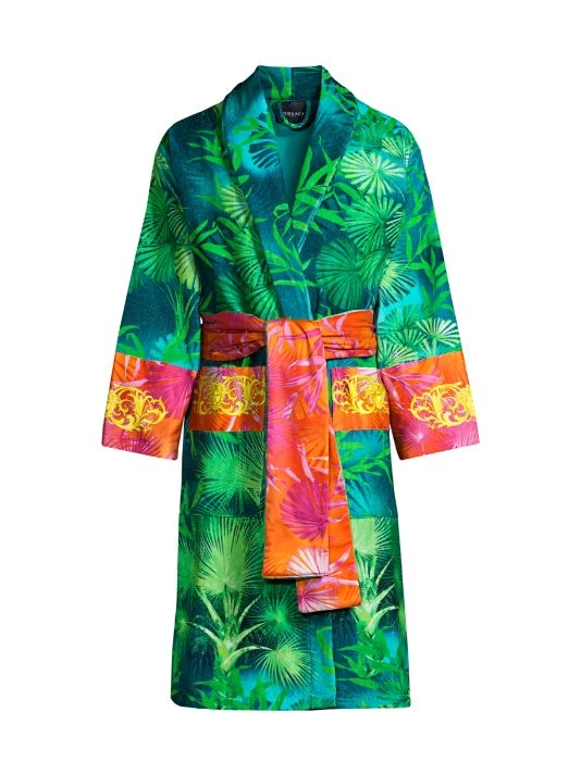 Versace Jungle-Print Cotton Bathrobe For Men Green Print 1 Versace Jungle-Print Cotton Bathrobe For Men Green Print