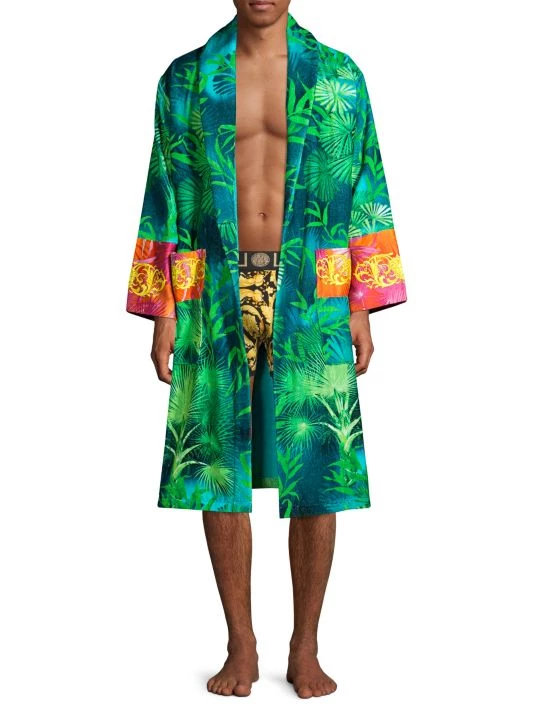 Versace Jungle-Print Cotton Bathrobe For Men Green Print 2 Versace Jungle-Print Cotton Bathrobe For Men Green Print - Image 2