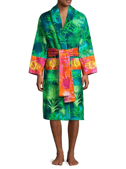 Versace Jungle-Print Cotton Bathrobe For Men Green Print 3 Versace Jungle-Print Cotton Bathrobe For Men Green Print - Image 3
