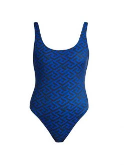 Versace Logo One-Piece Swimsuit Royal Blue Yellow