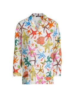 Versace Tresor De La Mer Silk Pajama Shirt For Men White Multi